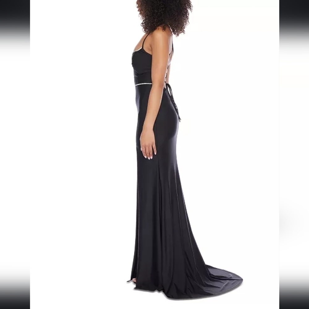 NWT B. Darlin Juniors Rhinestone-Trim Lace-Up-Back Gown in Black Size 15/16 - Picture 3 of 14